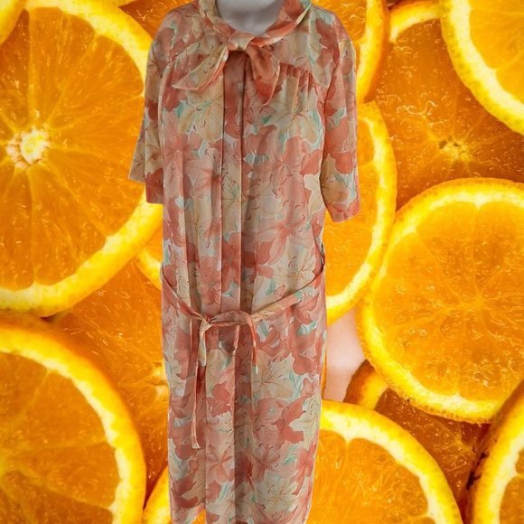 NANCY Frock Peach Floral Front Zip with‎ Tie Dress Size 16.5 - Picture 1 of 5